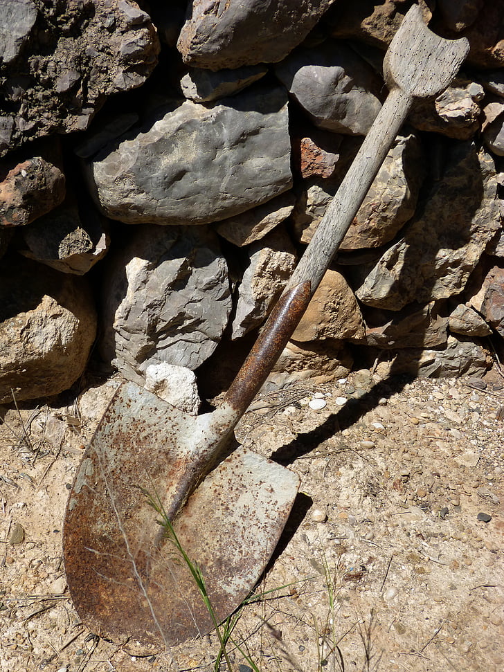 shovel, old, tool, metal, wood, rusty