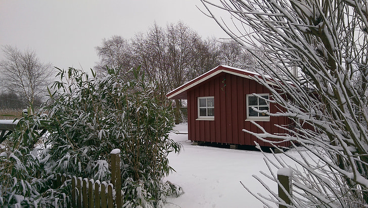 hiver, maison d’ete, neige, Suède
