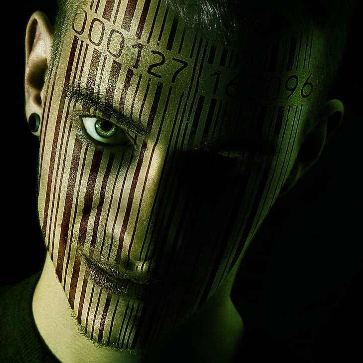 barcode, close-up, creepy, dark, identity, male, man
