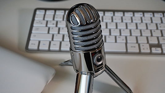 microphone, keyboard, podcast, condenser microphone, home office, technology