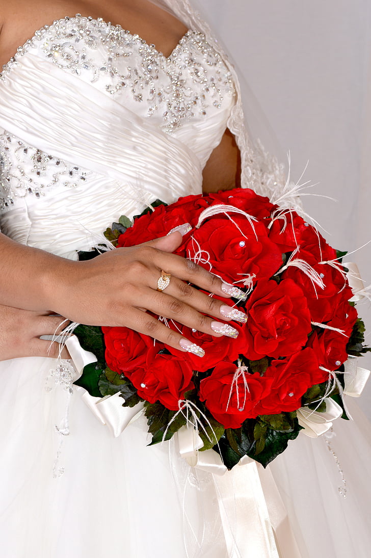 casamento, buquê, anel, mão, prego, manicura, rosa vermelha