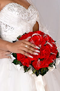 wedding, bouquet, ring, hand, nail, manicure, red rose