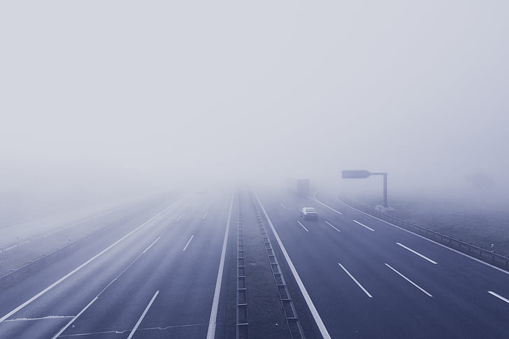 car, passing, concrete, road, daytime, expressway, mist