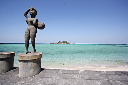 stone statue, sea, bathing beach, dock, blue, waves, sandy