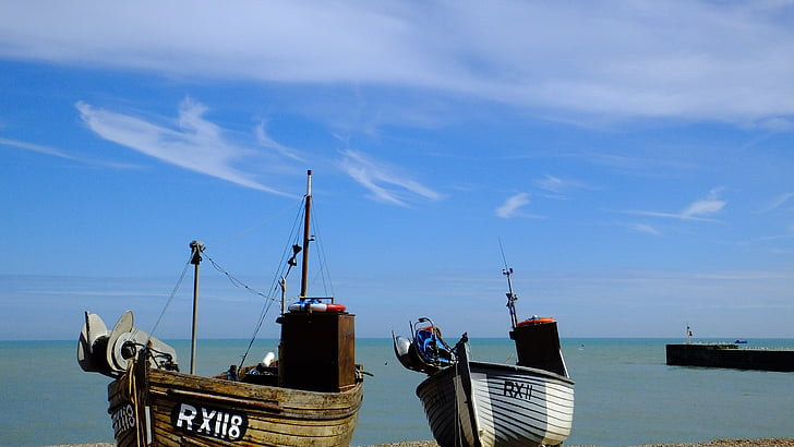 strand, blauwe hemel, boot dek, boten, Dawn, vissersboot, Horizon