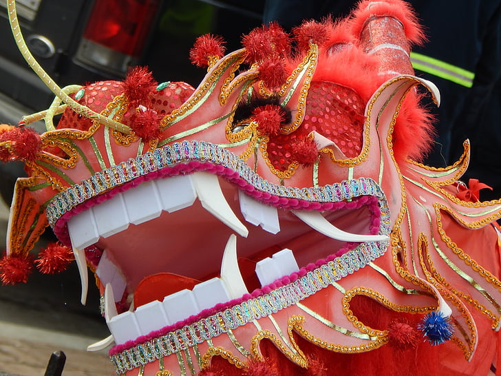 Kinų Naujieji metai, festivalis, tradicinis, raudona, drakonas, žiemą, simbolis