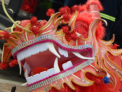 ķīniešu Jaunais gads, festivāls, tradicionālā, sarkana, pūķis, ziemas, simbols
