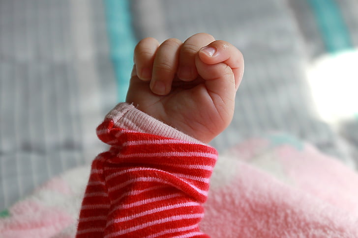 Baby knytnäve, spädbarn, hand, liten, stängt, fingrar, unga
