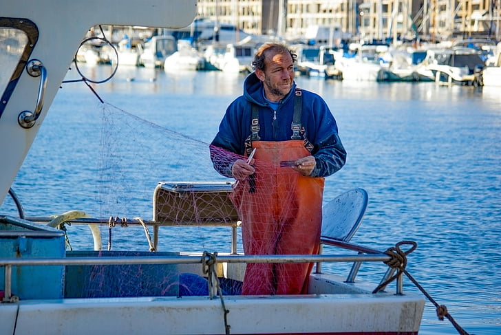 pescador, barco, red de los pescados, pesca, Puerto, mar, Marsella