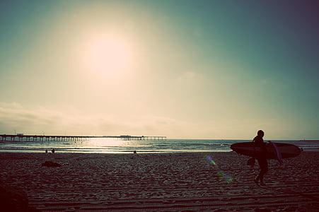 beach, surfer, ocean, surfboard, sunset, sunrise, sky