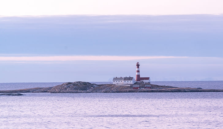Isla de Noruega, Rocky, puesta de sol, Faro, arquitectura, agua, paisaje
