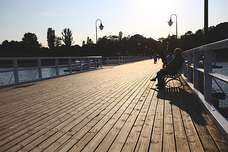 pier, sunset, boards, sea, man, sitting, bench