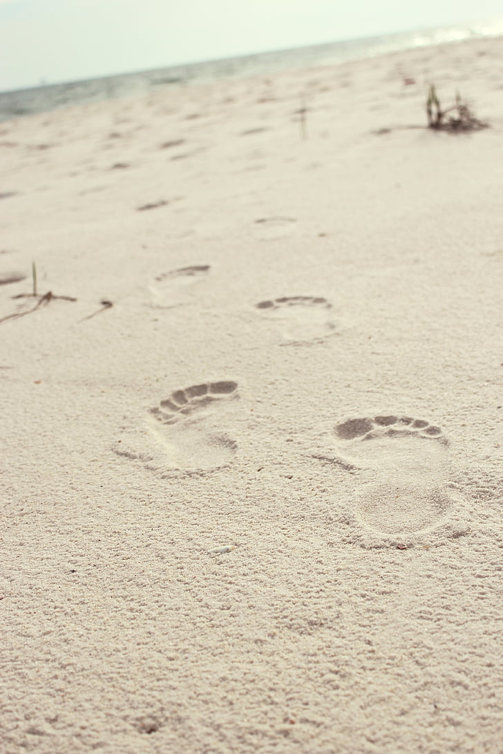 ljudski, stopala, korake, smeđa, pijesak, otisci stopala, plaža