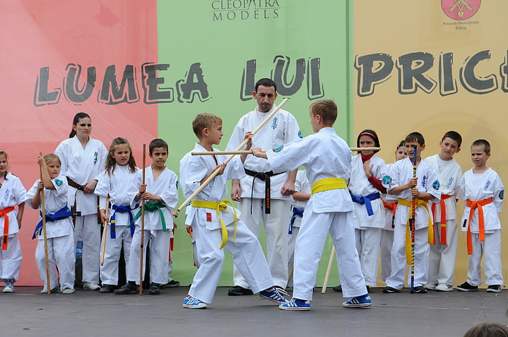 Karate, võitluskunstide, lapsed, etapp, võitlus, kasutada, võitluskunstide