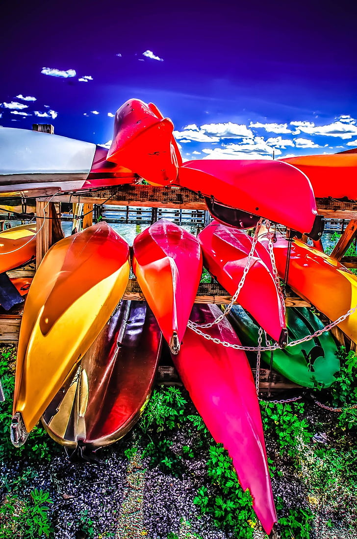 kayaks - kayaks, almacenados, Marina, multi coloreada