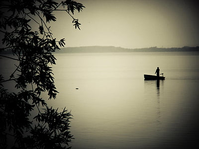 pescador, pescador, vaixell, l'aigua, part, riu, Lago Balatón