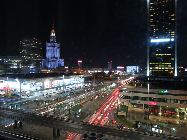 Varsovie, nuit, transport, Pologne, trafic, ville intelligente