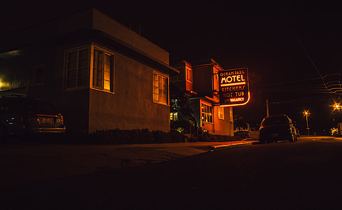 Motel, işareti, sokak, yol, gece, akşam, karanlık