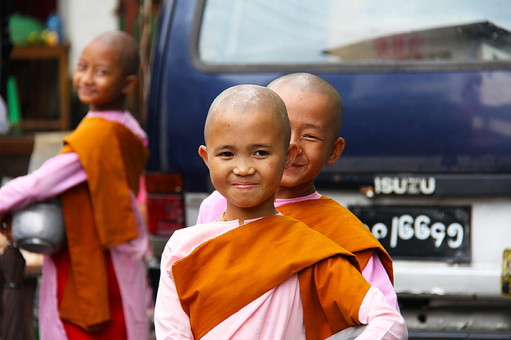buddhistiske, nonner, jenter, unge, folk, Myanmar, Asia