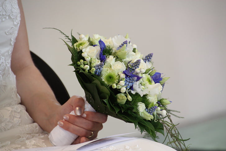 casamento, violação, buquê, bouquet de noiva, levantou-se, Branco, azul