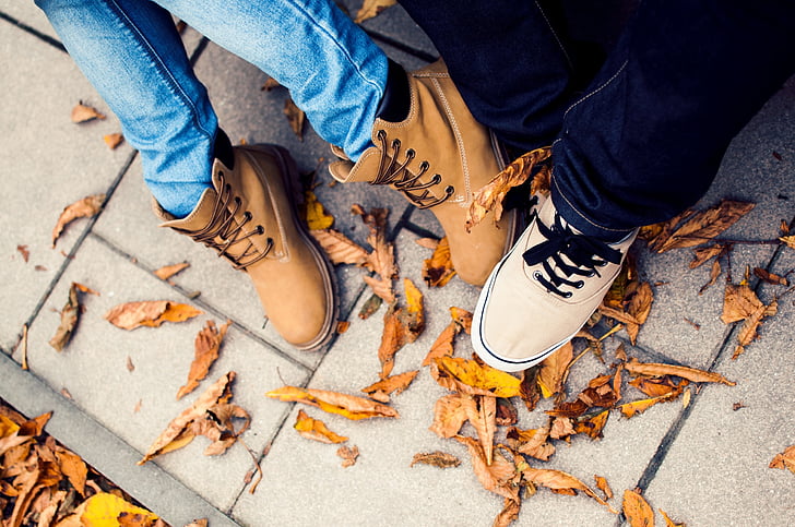 shoes, sneakers, timberlands, fashion, leaves, ground, sidewalk