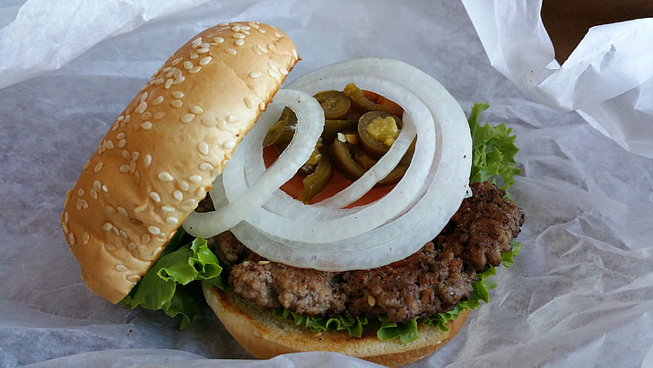 hamburger, bun, onions, food, burger, meat, lunch