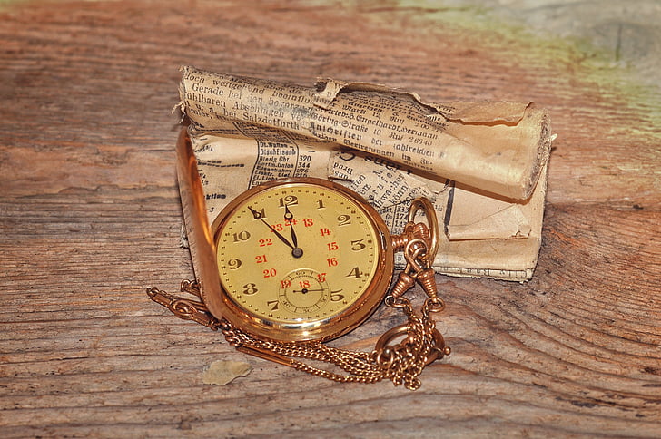 reloj de bolsillo, reloj, cara de reloj, momento de la, joyería, oro, periódico