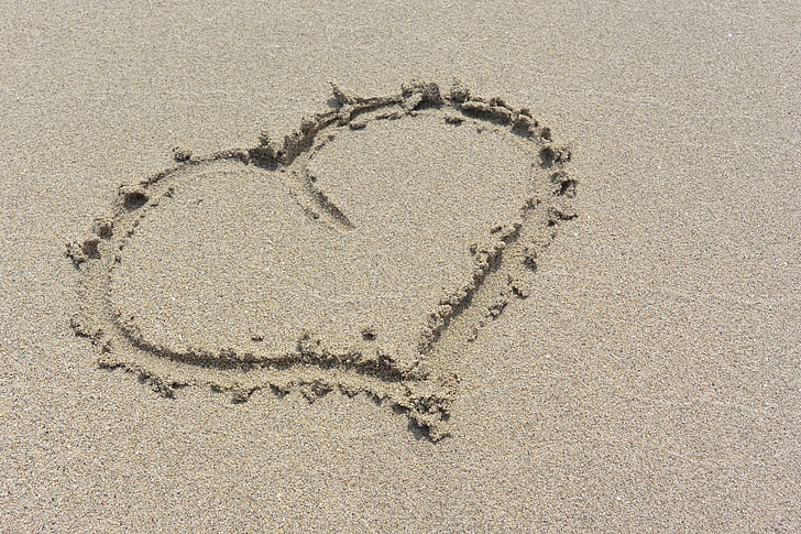 srce, plaža, more, pijesak, odmor, ljeto, znak
