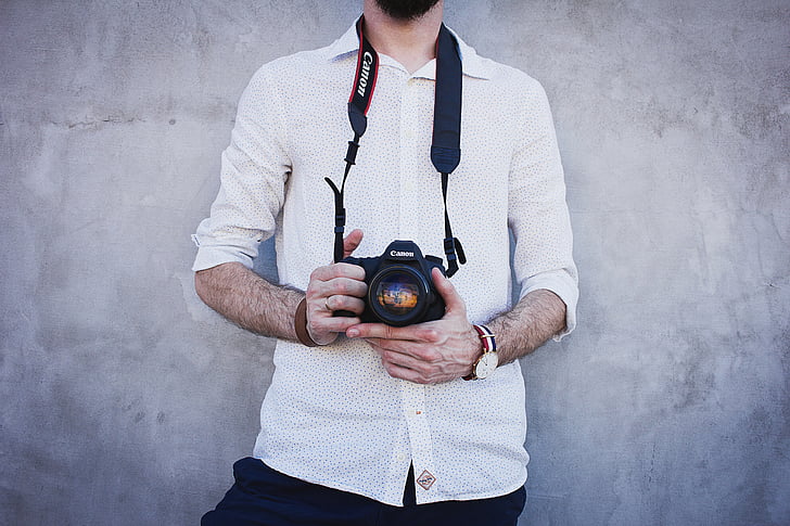 fotoaparát, Canon, móda, chlpatý, ruky, s dlhými rukávmi, muž