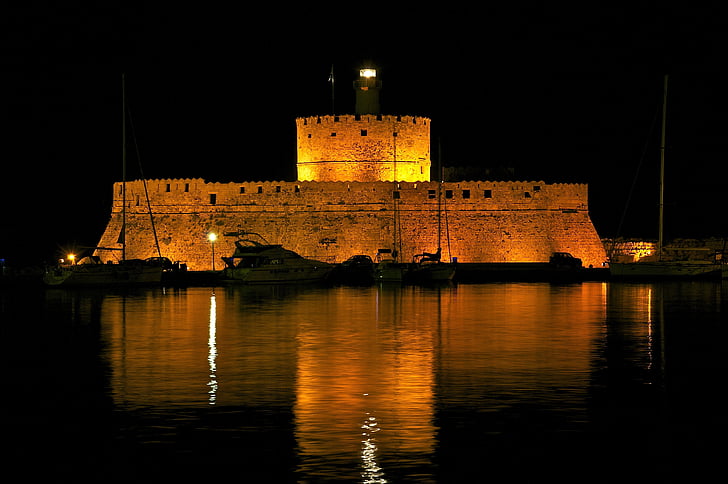 São Nicolau, Fort, Fortaleza, histórico, Grécia, Marco, à noite