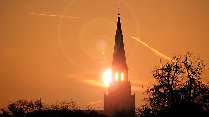 krajina, východ slunce, kostelní věž, morgenstimmung, obloha, slunce, ranní slunce