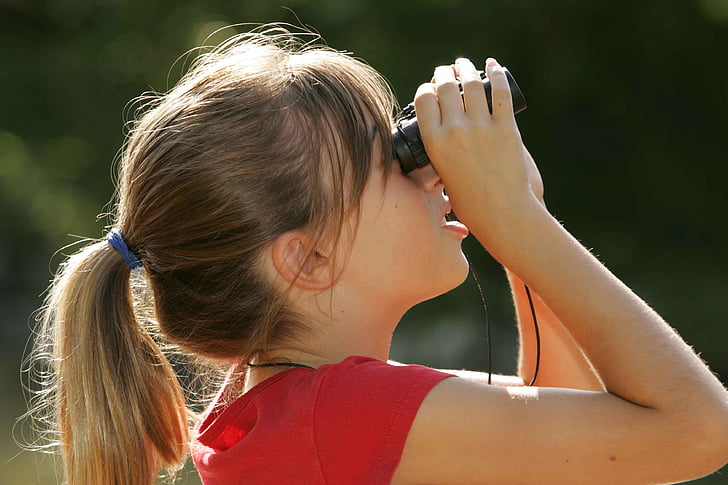 binoculars, watching, girl, blonde, kids, children, people