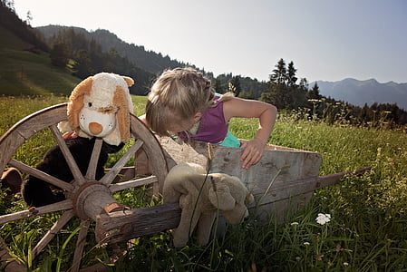 childhood, play, out, nature, child, girl, soft toys