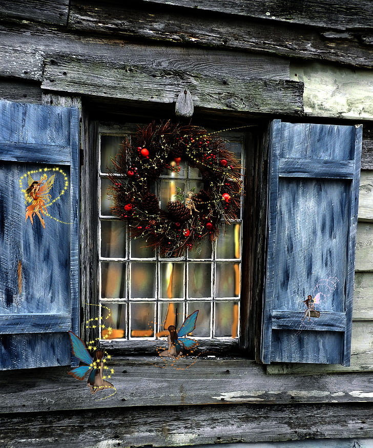 země, Vánoční, magie, věnec, modrá, žaluzie, okno