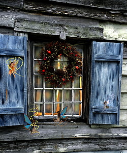 país, Nadal, màgia, Ofrena floral, blau, Persianes, finestra
