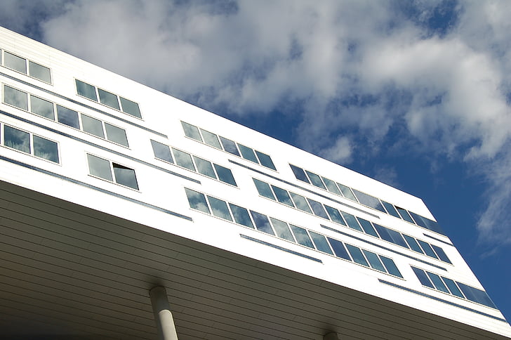 high, angle, photography, rise, building, cloud, window