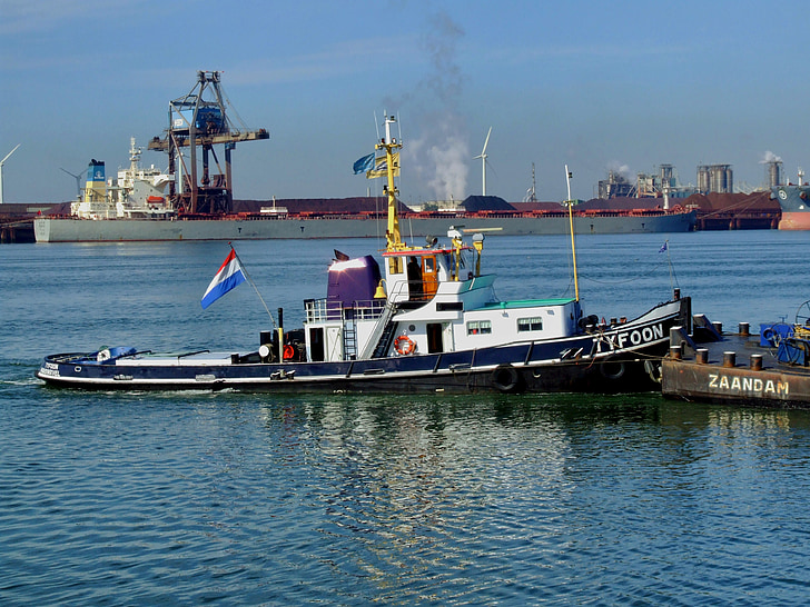Rotterdam, Belanda, tarik, kapal tunda, mendorong, kapal, perahu