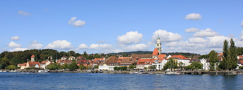 Überlingen, Lago de Constança, Panorama, sol, Verão, céu, cidade