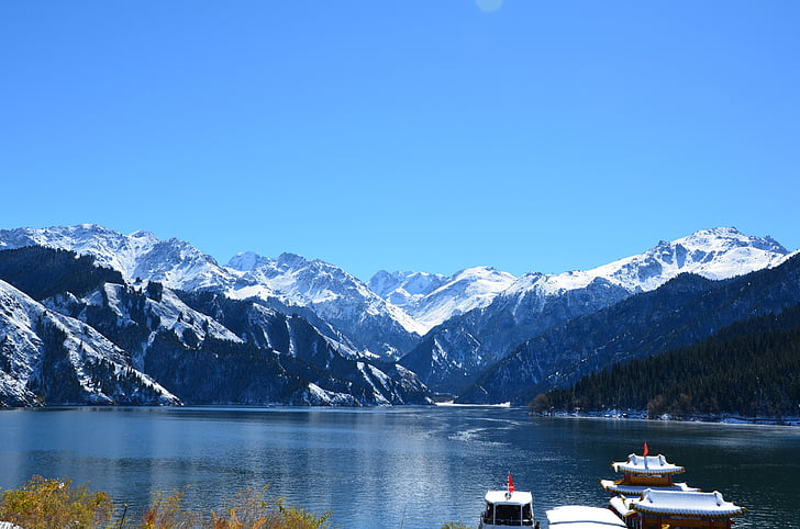 az xinjiang, tianshan, tianchi, hegyi, tó, természet, hó