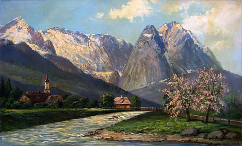 Wetterstein, Alpen, lukisan, minyak pada kanvas, seni, artistik, Kesenian