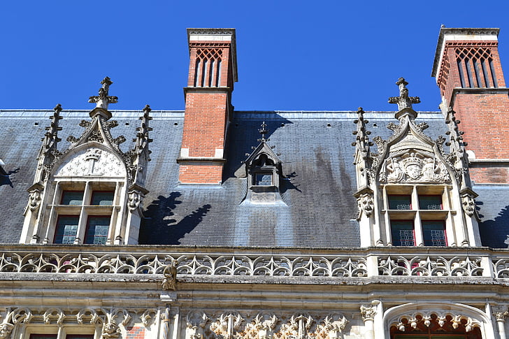 Blois, Castle, tető, ablak, kandalló, építészeti motívum, pala tető