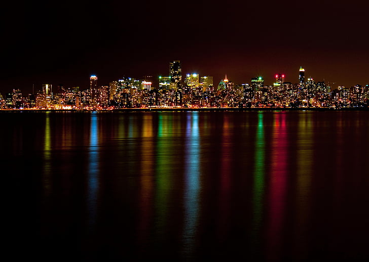 city, vancouver, lights, water, night, ocean, architecture