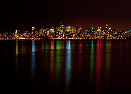city, vancouver, lights, water, night, ocean, architecture