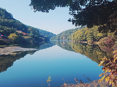 automne, à l’automne, automne ciel, Lac, réservoir, République de Corée, Haman