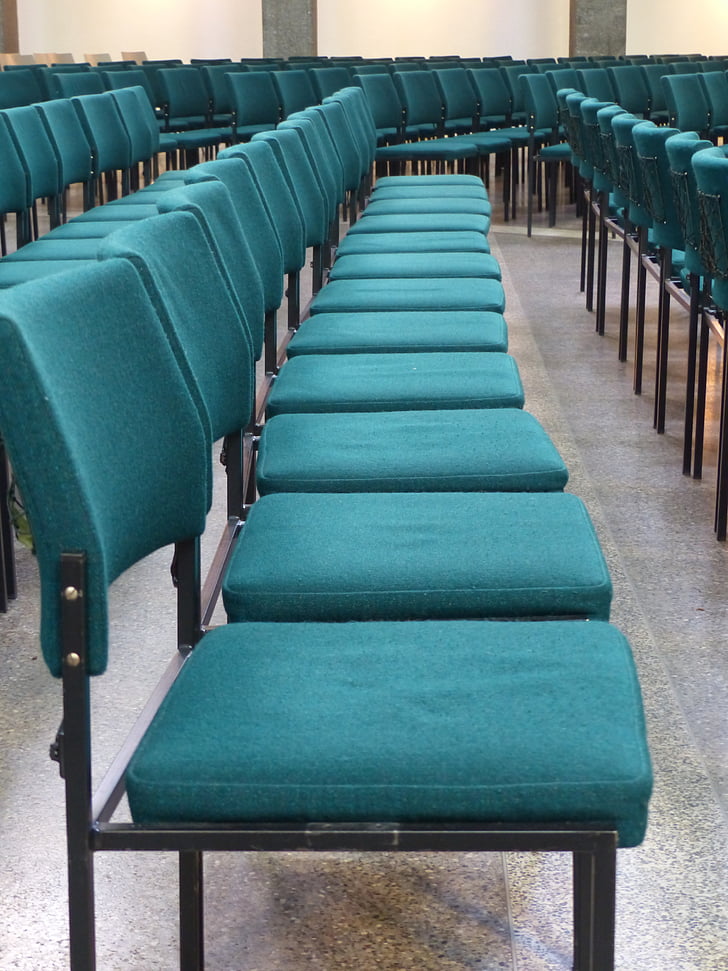 cadires, sèrie de cadira, files de seients, verd, seient, sala, cadira
