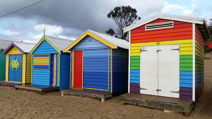 túp lều bãi biển, màu sắc, màu sắc, túp lều bãi biển, Bãi biển, bên bờ biển, đầy màu sắc