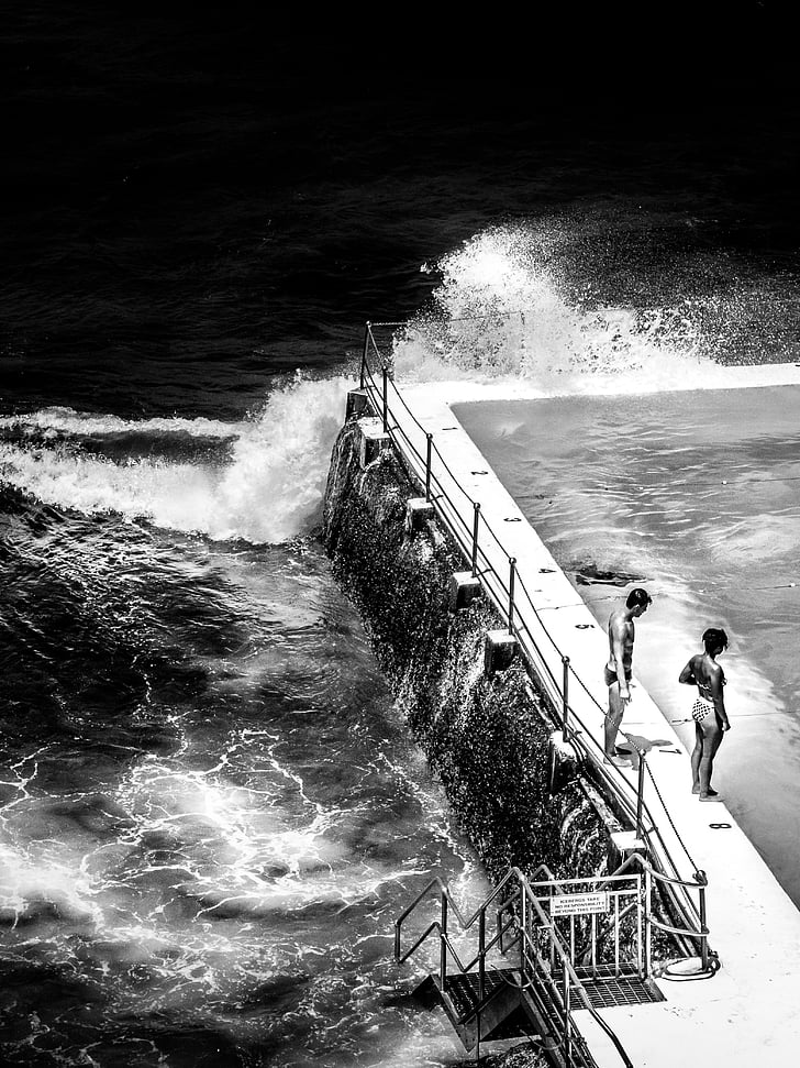 sea, ocean, water, pool, black and white, fence, people