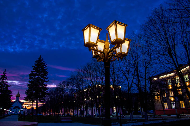 noční, pouliční lampy, ruský večer, večer, záře, modrá, ulice