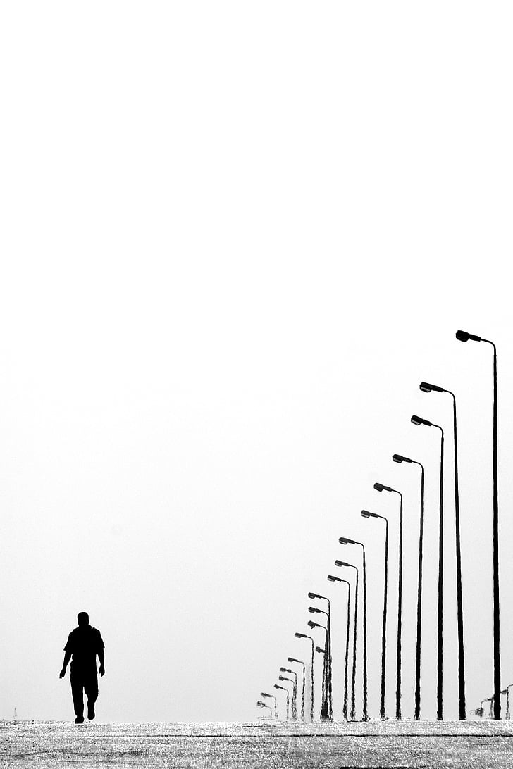 alone, lampposts, lamps, man, road, street lamps, walking