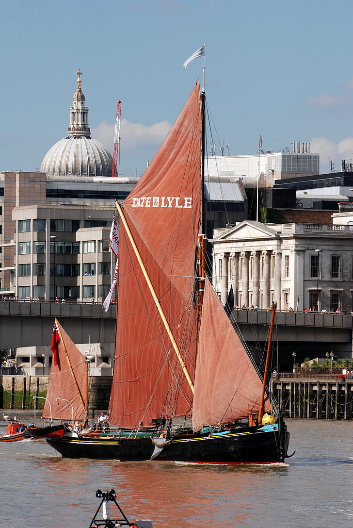 Barkskeppet, segling, pråm, floden, Thames, London, historiska